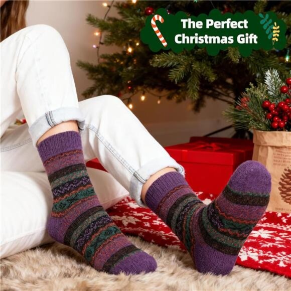 Womens Wool Socks 5 Pairs Winter Warm Thick Knit Wool Soft Vintage Casual Crew - Picture 6 of 7